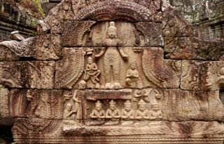 kilometers of walls in the angkor complex bore intricate carvings like this. angkor.